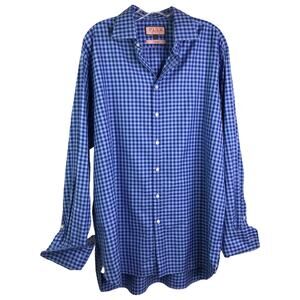 Thomas Pink Shirt Men Sz 17-36 1/2 Blue Gingham Button Down Prestige Long Sleeve